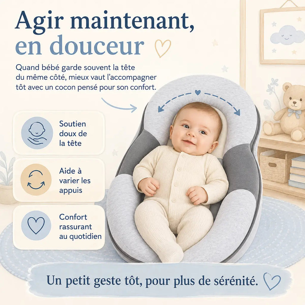 Illustration publicitaire du Cocon, bébé souriant, titre « Agir maintenant, en douceur »
