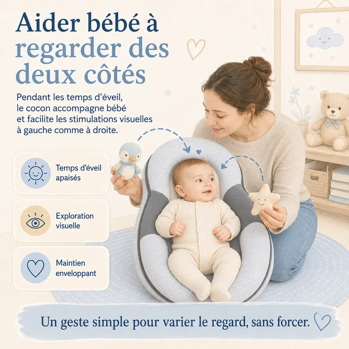Illustration publicitaire du Cocon, maman avec des doudous, titre « Aider bébé à regarder des deux côtés »