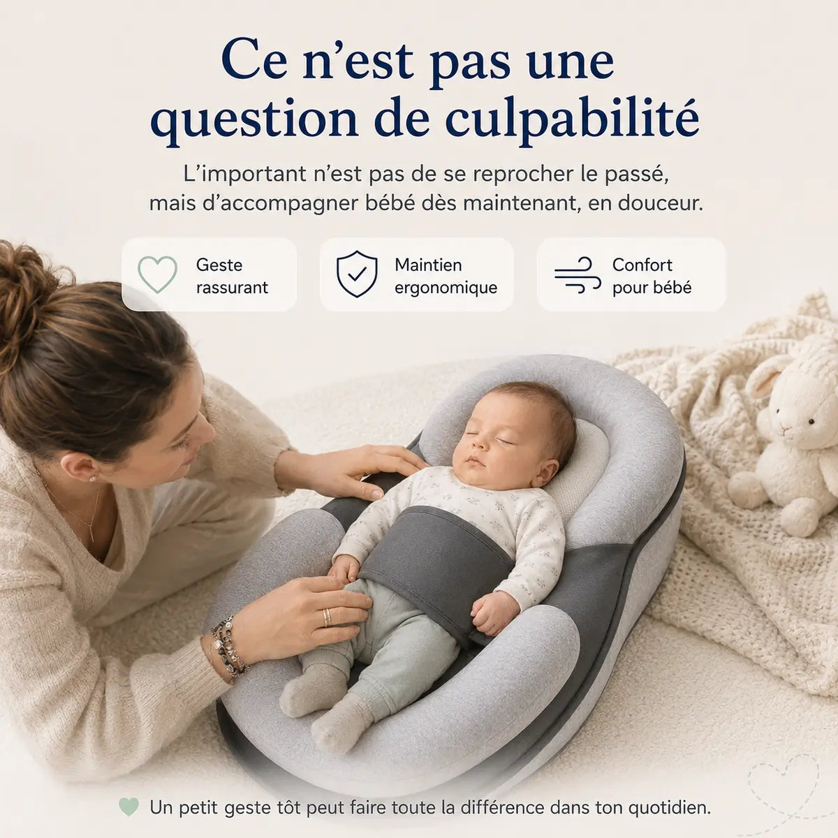 Visuel publicitaire du Cocon, maman et nouveau-né, titre « Ce n’est pas une question de culpabilité »