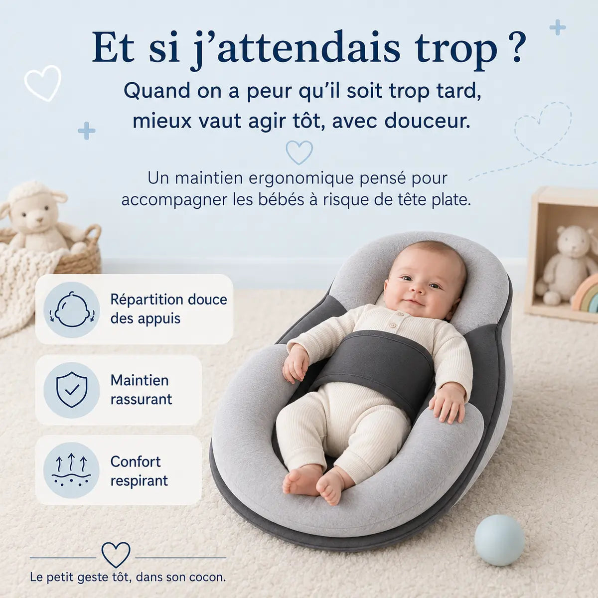 Visuel publicitaire du Cocon, bébé souriant, titre « Et si j’attendais trop ? »