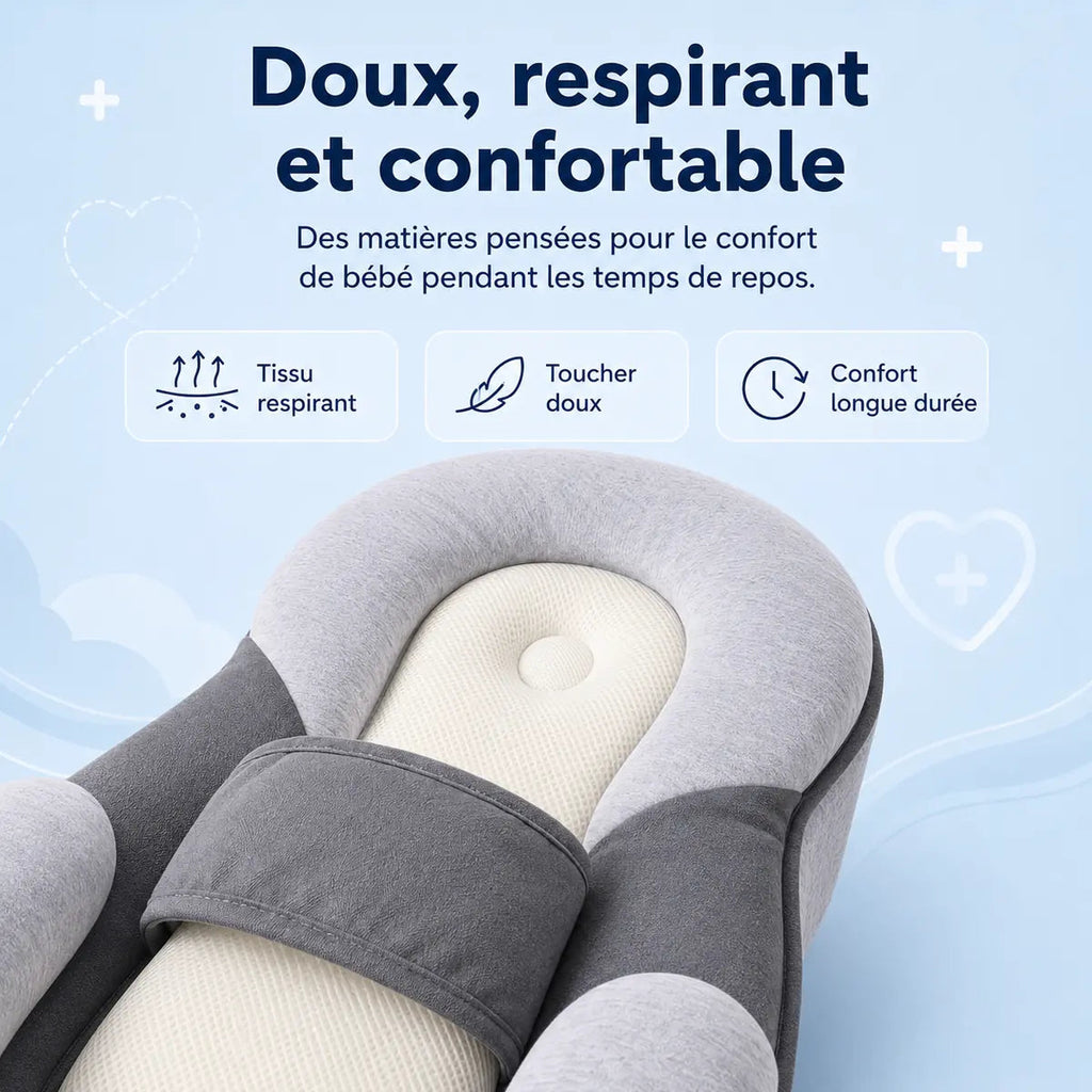 Infographie du Cocon, gros plan sur le coussin central, « Doux, respirant et confortable »
