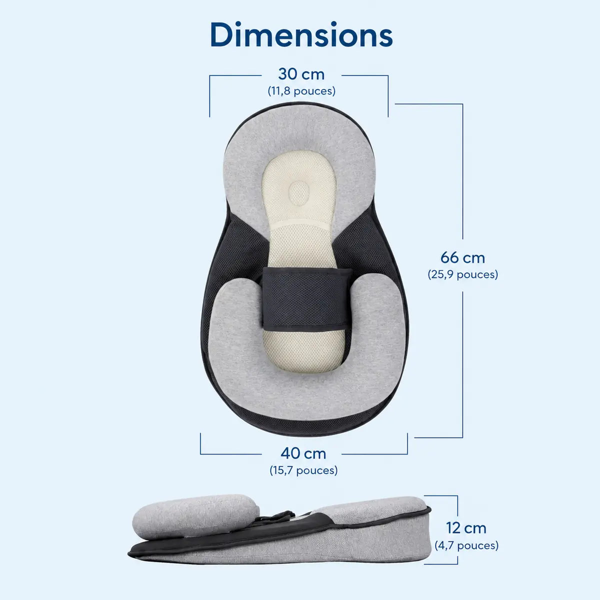 Infographie des dimensions du Cocon, version housse foncée