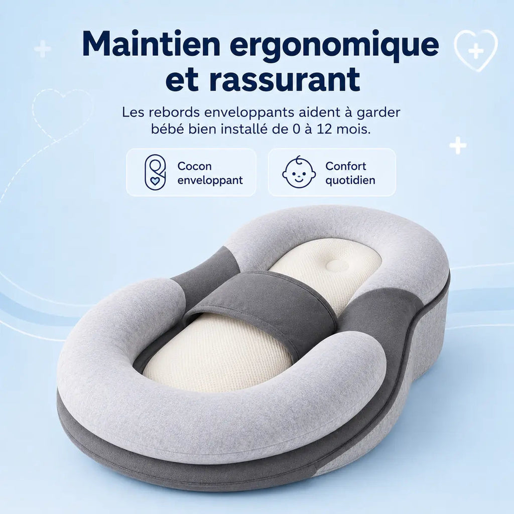 Infographie du Cocon, packshot de trois-quarts, « Maintien ergonomique et rassurant »