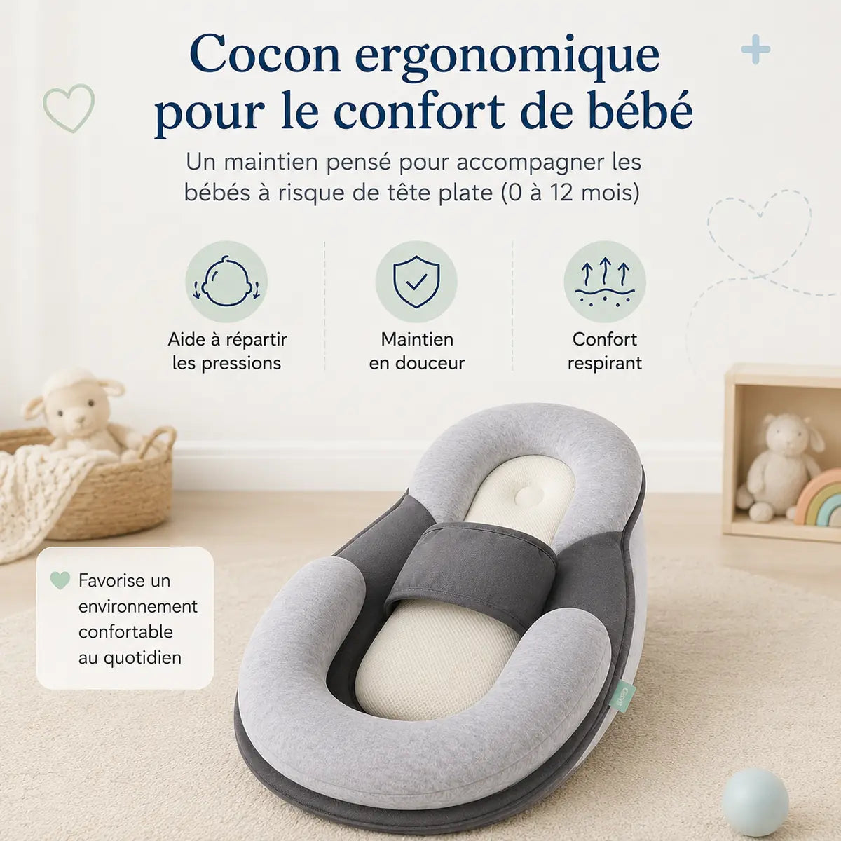 Infographie du Cocon, packshot dans une chambre, « Cocon ergonomique pour le confort de bébé »