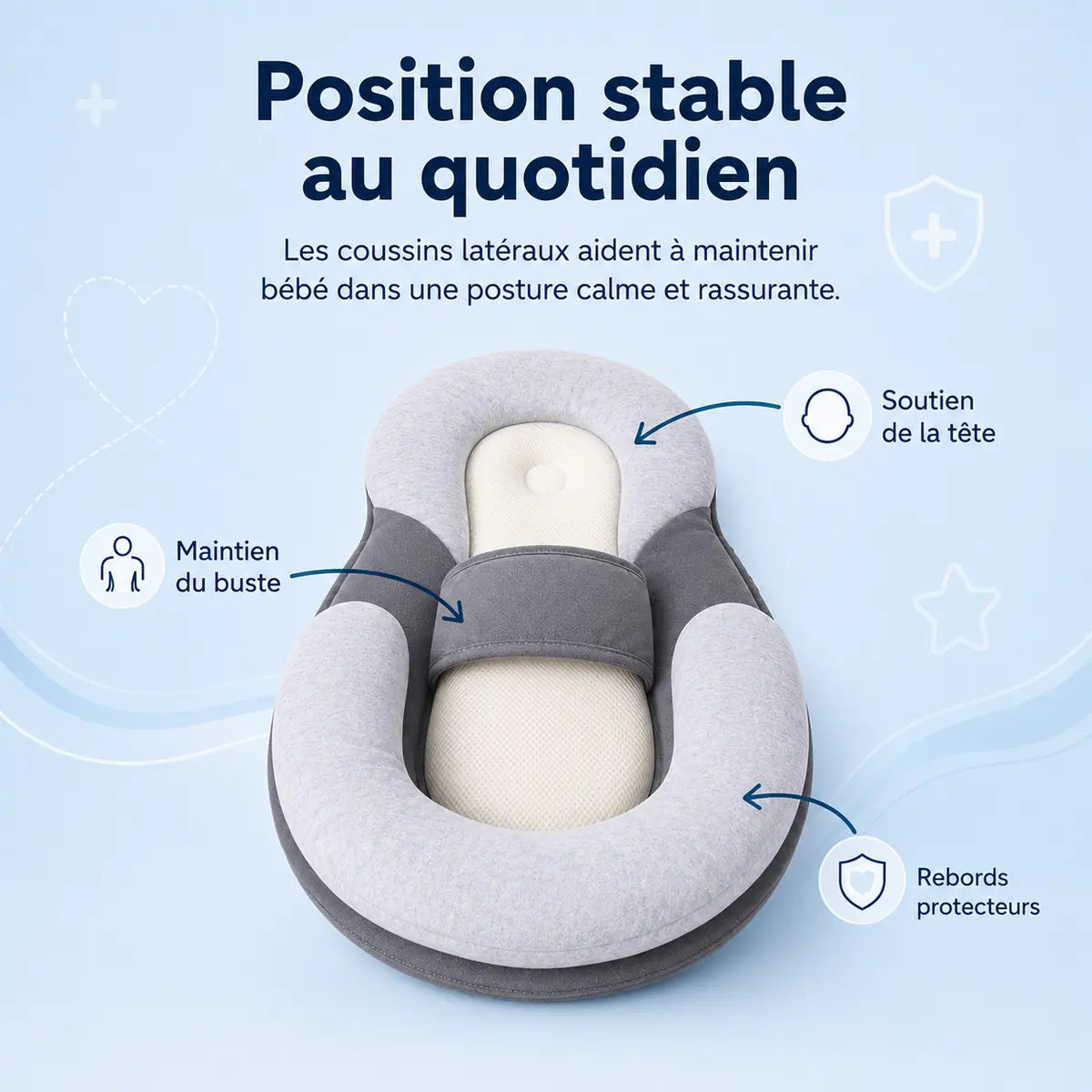 Infographie du Cocon, packshot annoté, « Position stable au quotidien »