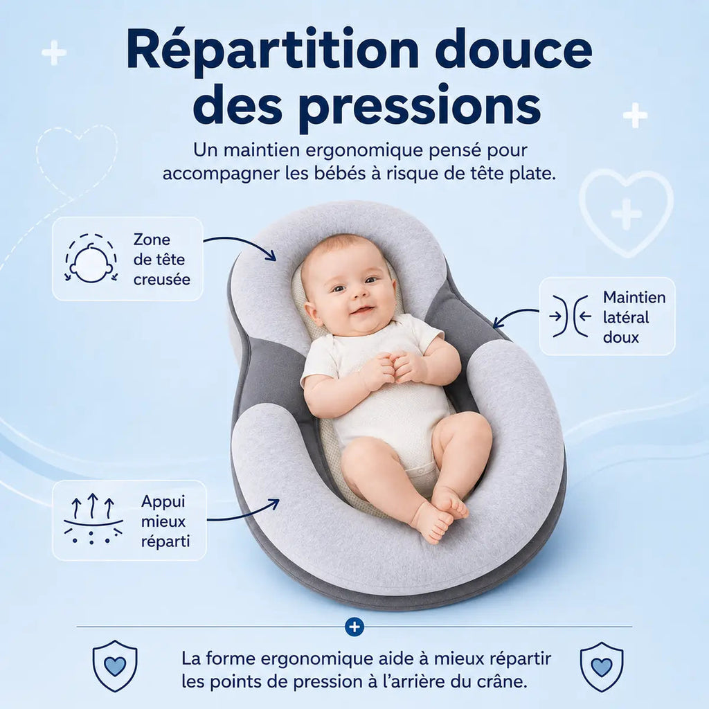 Infographie du Cocon, bébé installé, « Répartition douce des pressions » avec annotations