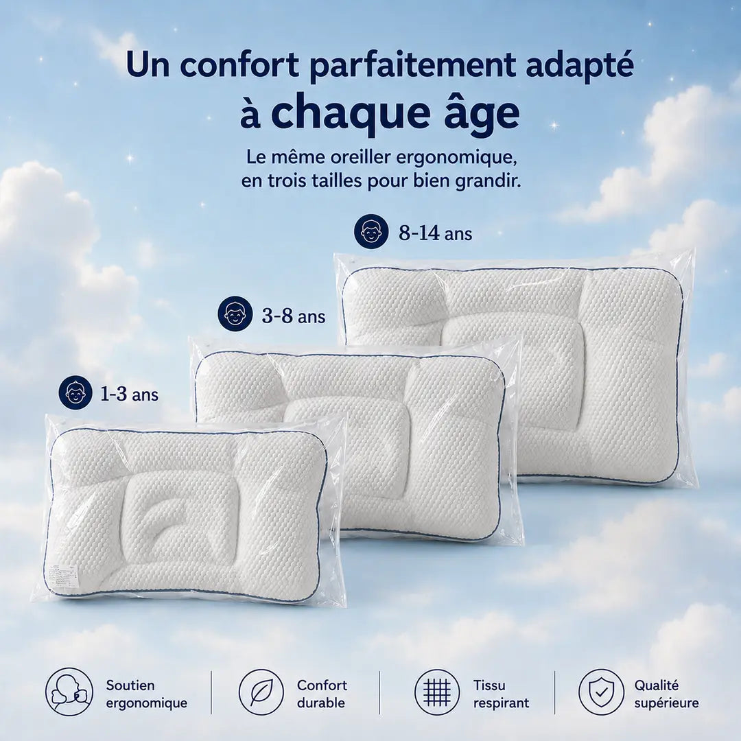 Un confort parfaitement adapté à chaque âge, avec les trois tailles de l’oreiller P’tite Nuit